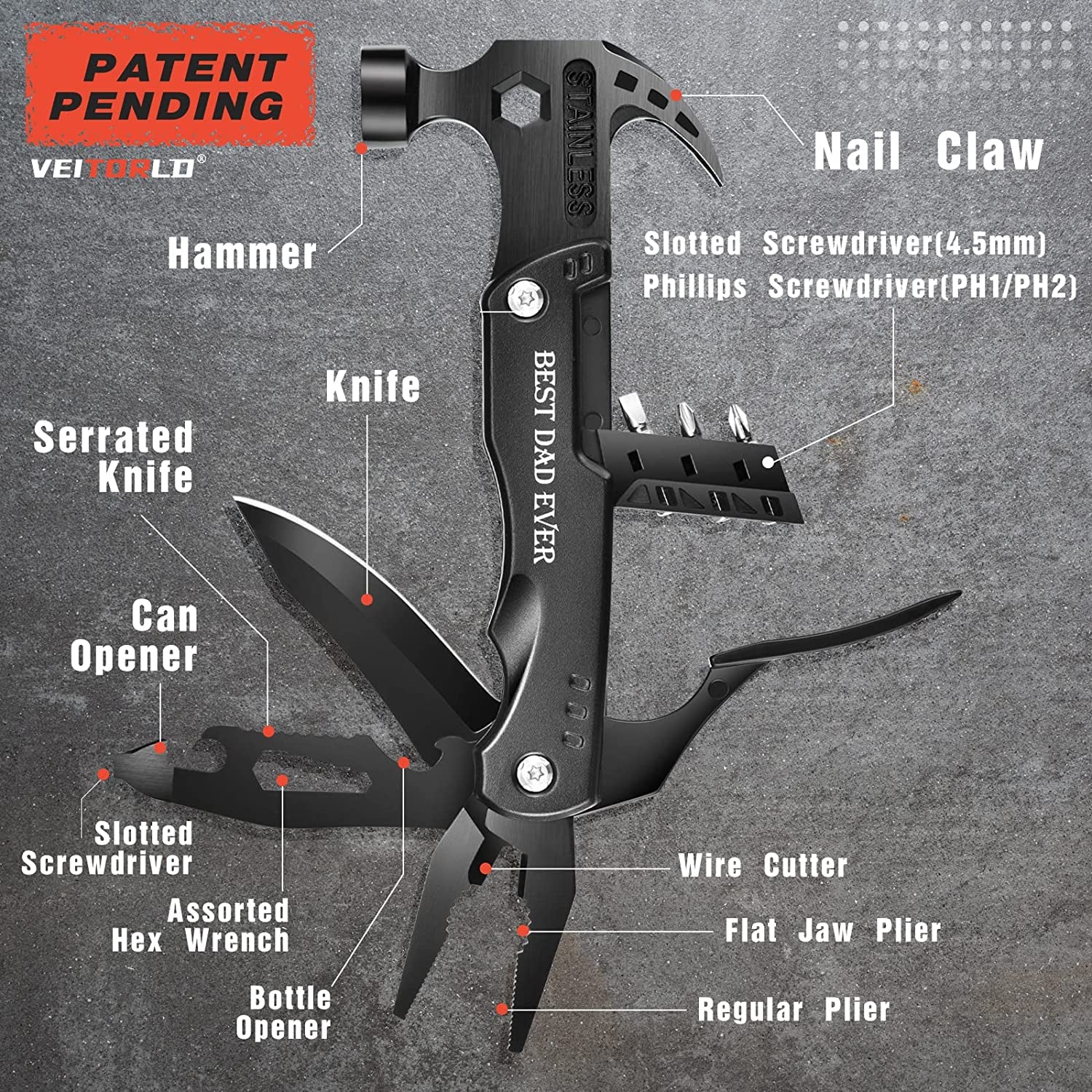Gifts for Dad Men, Cool Fathers Day Birthday Gifts Ideas for Men Grandpa Papa from Daughter Wife Son, BEST DAD EVER Gift, All in One Survival Tools Hammer Multitool, Camping Hunting Presents