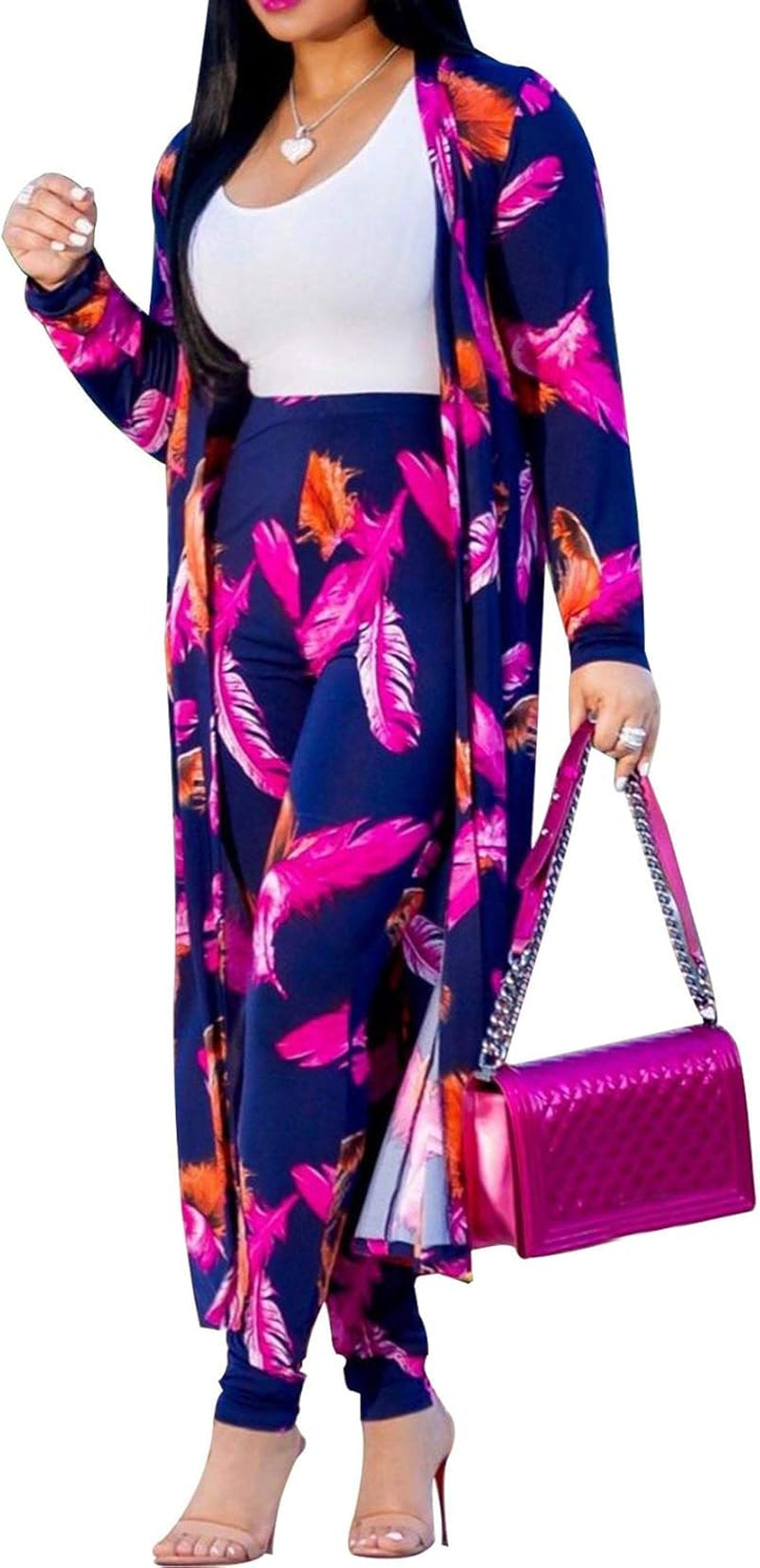 Women'S 2 Piece Outfits Floral Long Sleeve Open Front Cardigan High Waist Long Pants Set Purple Xx-Large