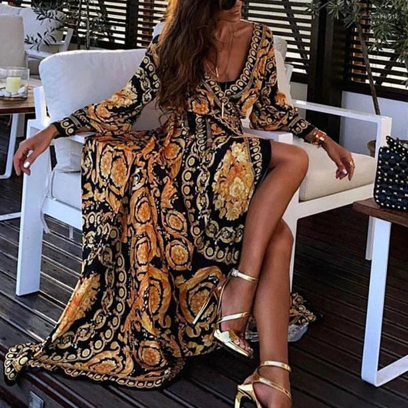 Casual Dresses Womens Boho V-Neck Vintage Printed Dress Large Swing Split Sundress Long Maxi for Summer
