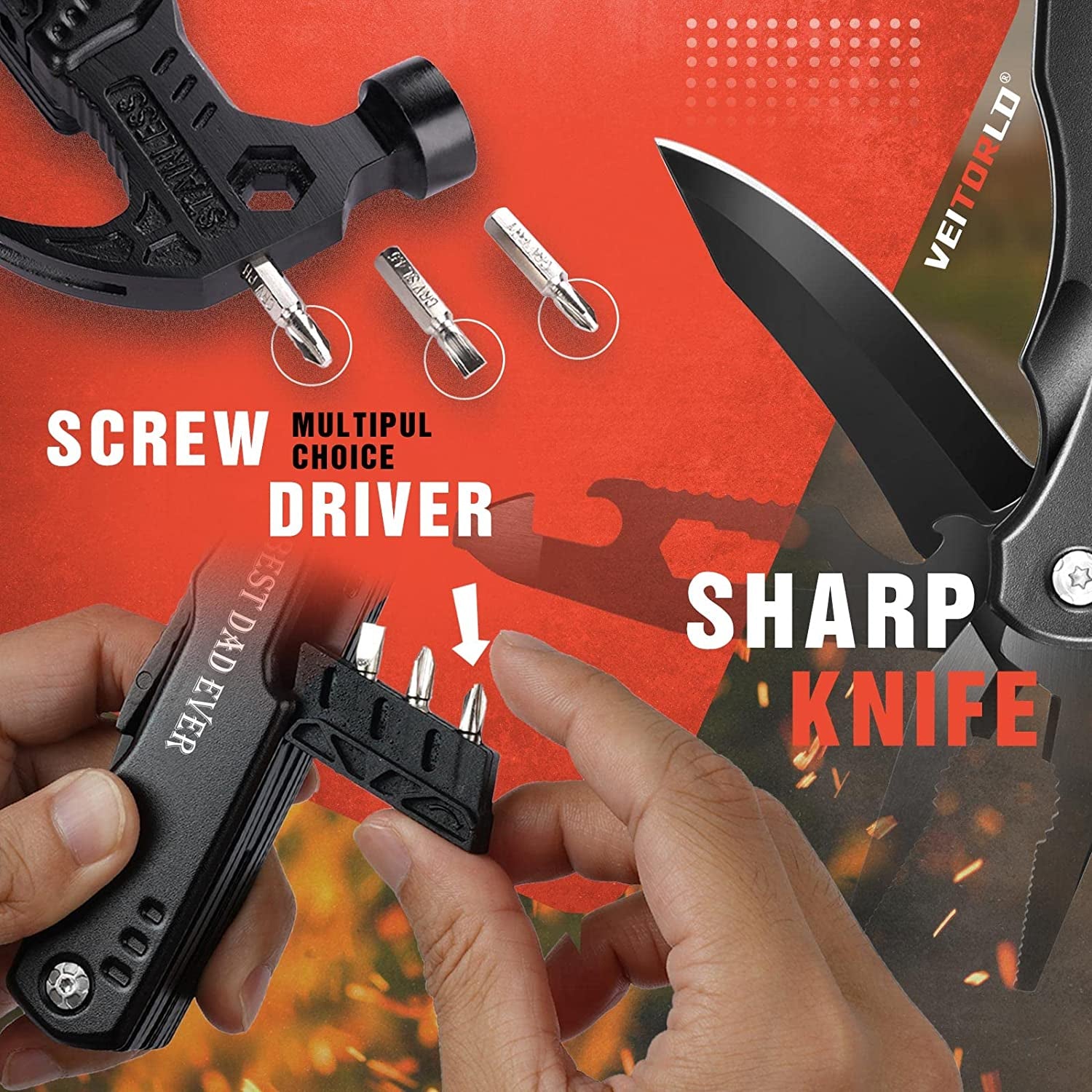 Gifts for Dad Men, Cool Fathers Day Birthday Gifts Ideas for Men Grandpa Papa from Daughter Wife Son, BEST DAD EVER Gift, All in One Survival Tools Hammer Multitool, Camping Hunting Presents