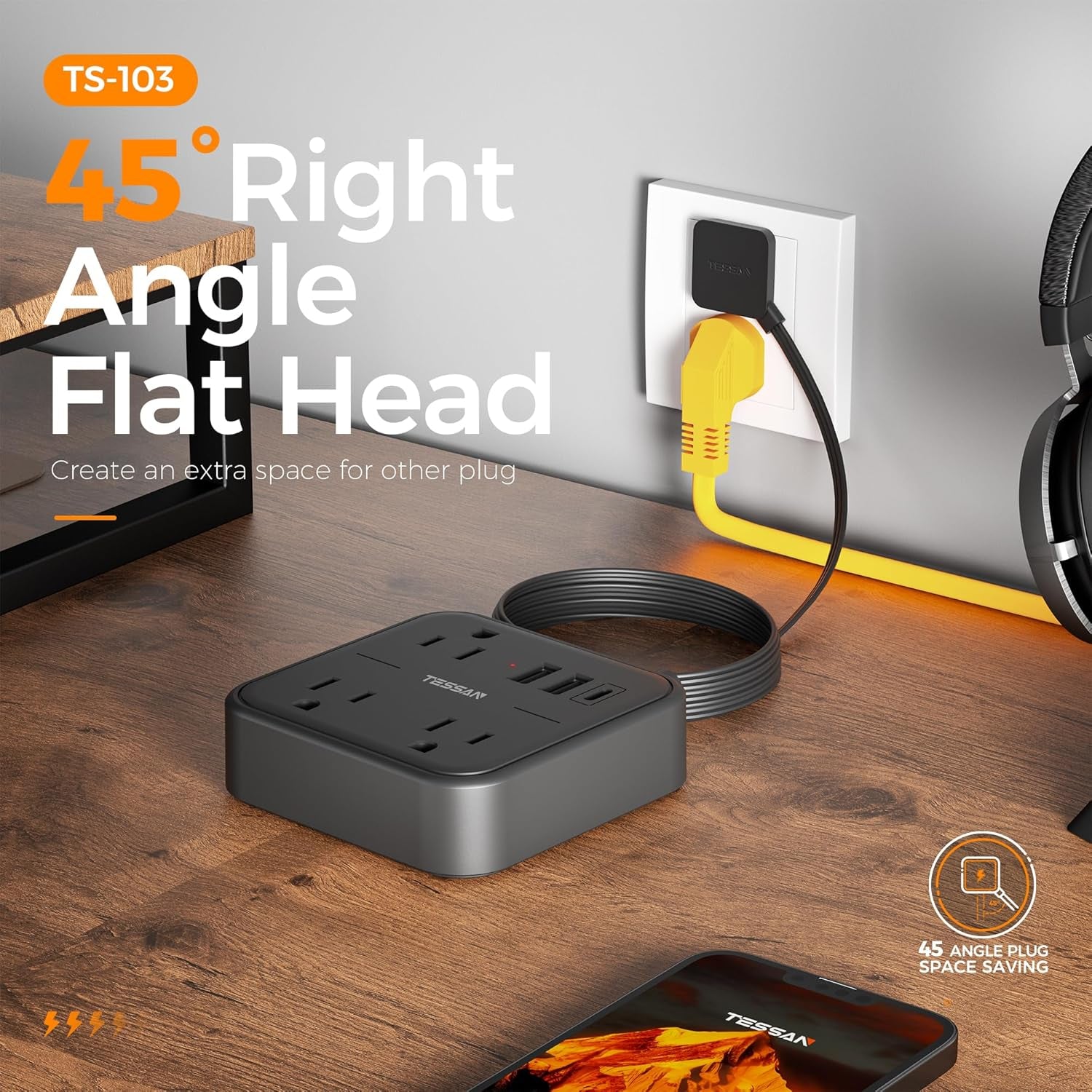 Surge Protector Power Strip,  Flat Extension Cord 5 FT with USB Ports (1 USB C) and 3 Outlets, Ultra Thin Flat Plug Wall Charger for Home, Office, School, Dorm Room Essentials, Black