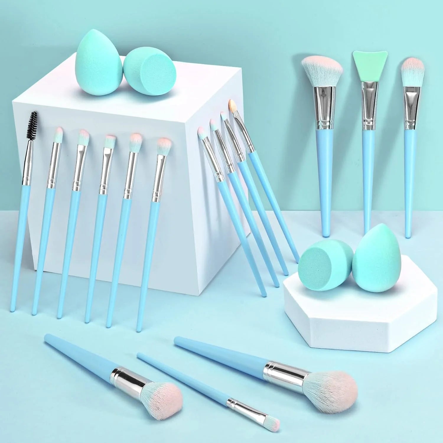 Makeup Brushes 16Pcs Professional Makeup Brush with Makeup Sponge Set Premium Synthetic Foundation Kabuki Eyebrow Concealers Blending Eye Shadow Brushes Make up Tool Kit (Blue)