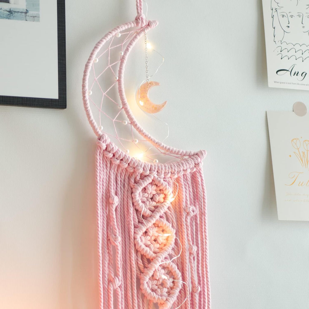 Pink Moon Dream Catcher with Light, Room and Boho Decor, Wall Decor, Gifts for Girl, Women, Bedroom Decor, Pink Décor and Gift, Birthday, Teen Girl Gifts