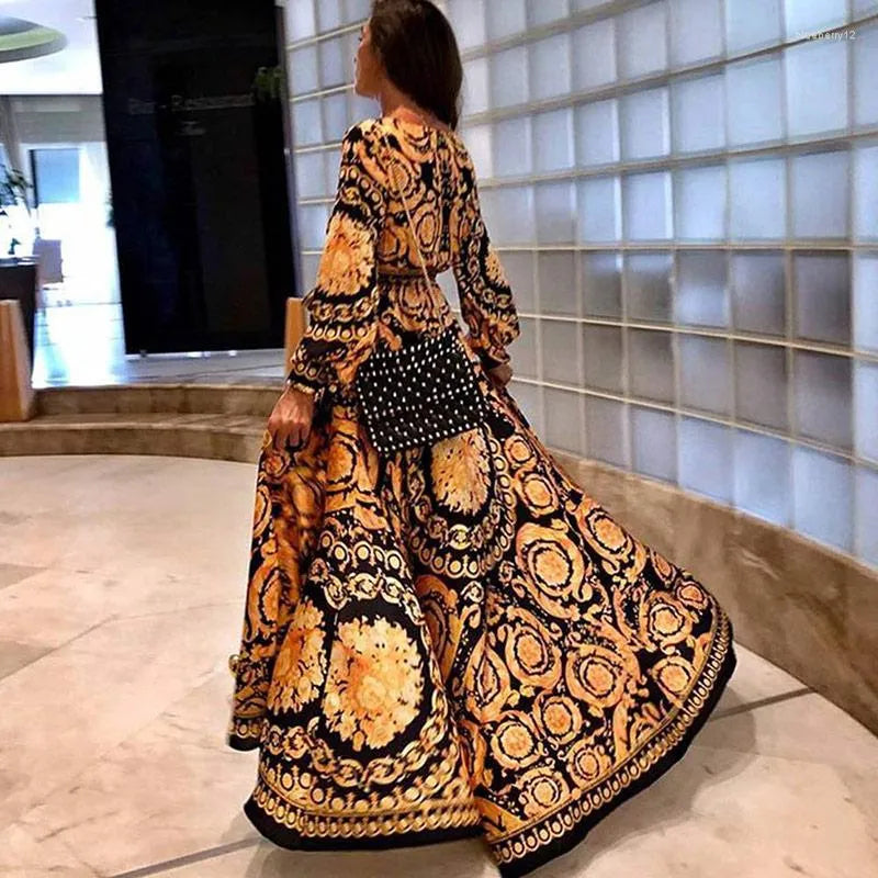 Casual Dresses Womens Boho V-Neck Vintage Printed Dress Large Swing Split Sundress Long Maxi for Summer
