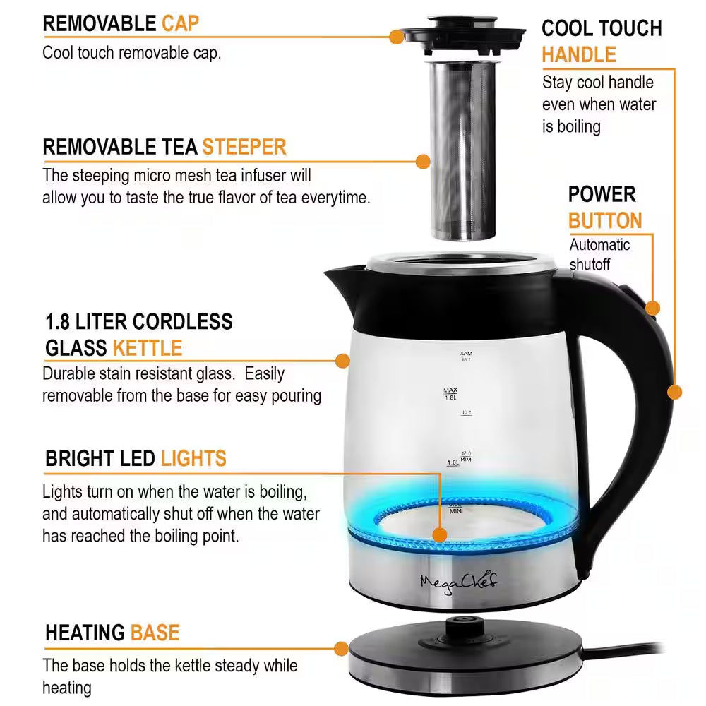 7.6 Cup Stainless Steel Cordless Electric Kettle with LED Base