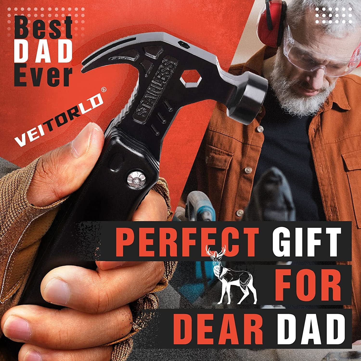 Gifts for Dad Men, Cool Fathers Day Birthday Gifts Ideas for Men Grandpa Papa from Daughter Wife Son, BEST DAD EVER Gift, All in One Survival Tools Hammer Multitool, Camping Hunting Presents