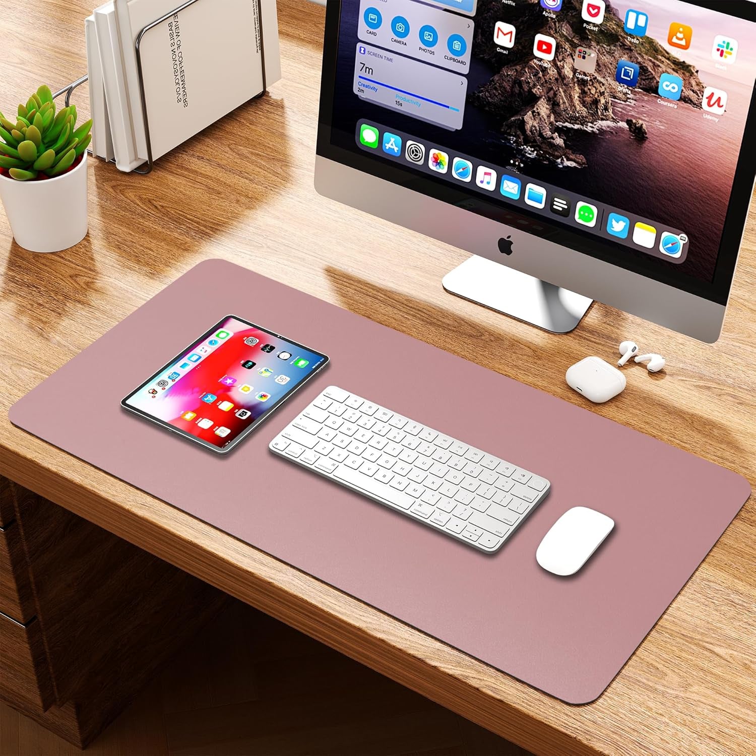 Leather Desk Pad Protector, Waterproof Mouse Pad, PU Desk Mat, Office Desk Cover, Desk Writing Mat for Office/Home/Work/Cubicle (Purple/Pink) 23.6X13.7In