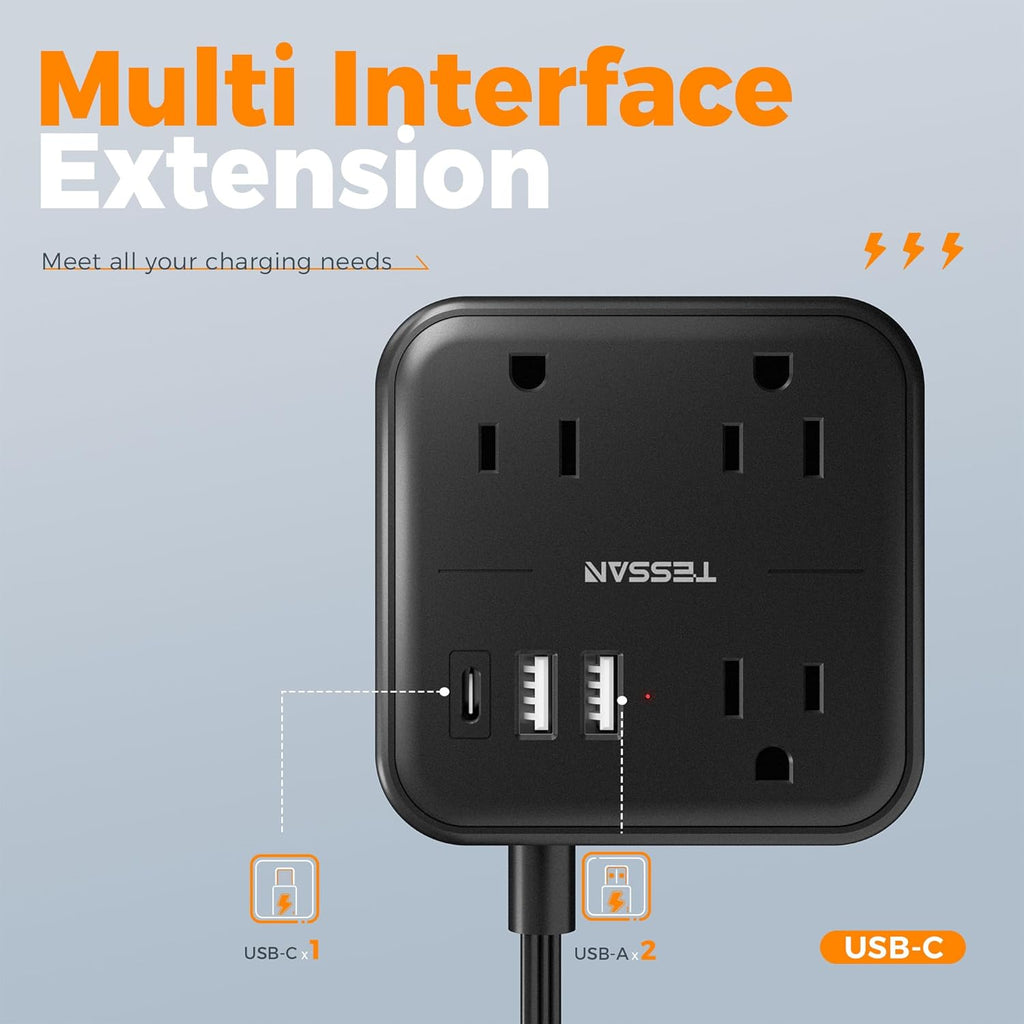 Surge Protector Power Strip,  Flat Extension Cord 5 FT with USB Ports (1 USB C) and 3 Outlets, Ultra Thin Flat Plug Wall Charger for Home, Office, School, Dorm Room Essentials, Black
