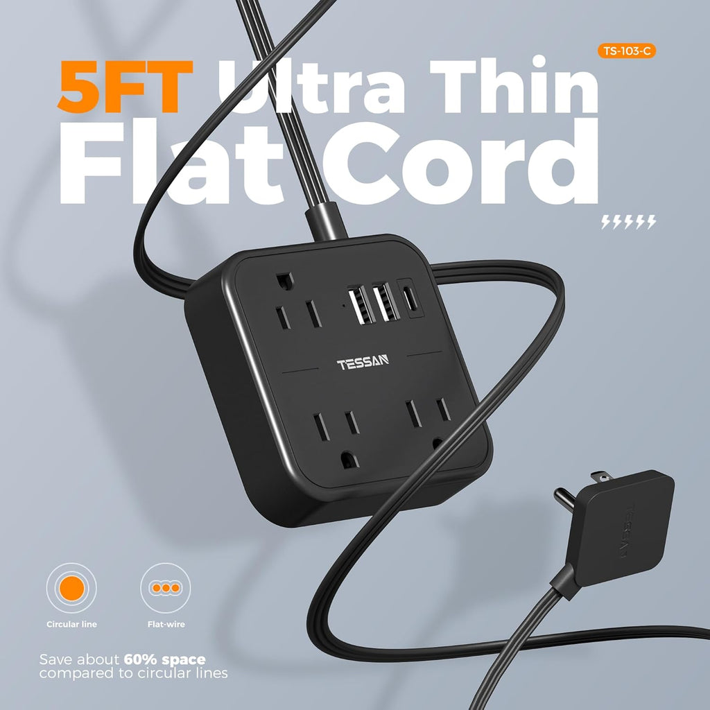 Surge Protector Power Strip,  Flat Extension Cord 5 FT with USB Ports (1 USB C) and 3 Outlets, Ultra Thin Flat Plug Wall Charger for Home, Office, School, Dorm Room Essentials, Black