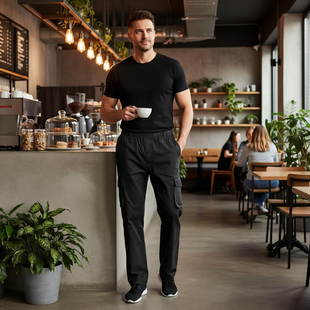 Men'S Lightweight Pull on Casual Pants Cotton Full Elastic Waist Cargo Work Chef Lounge Pant Black 42