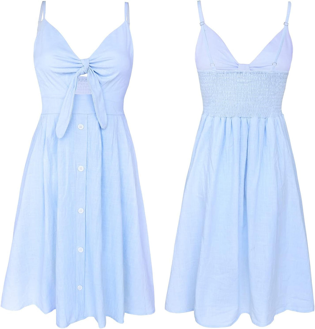 Womens Tie Front Button down A-Line Dresses Summer Spaghetti Strap Midi Dress Floral Prints