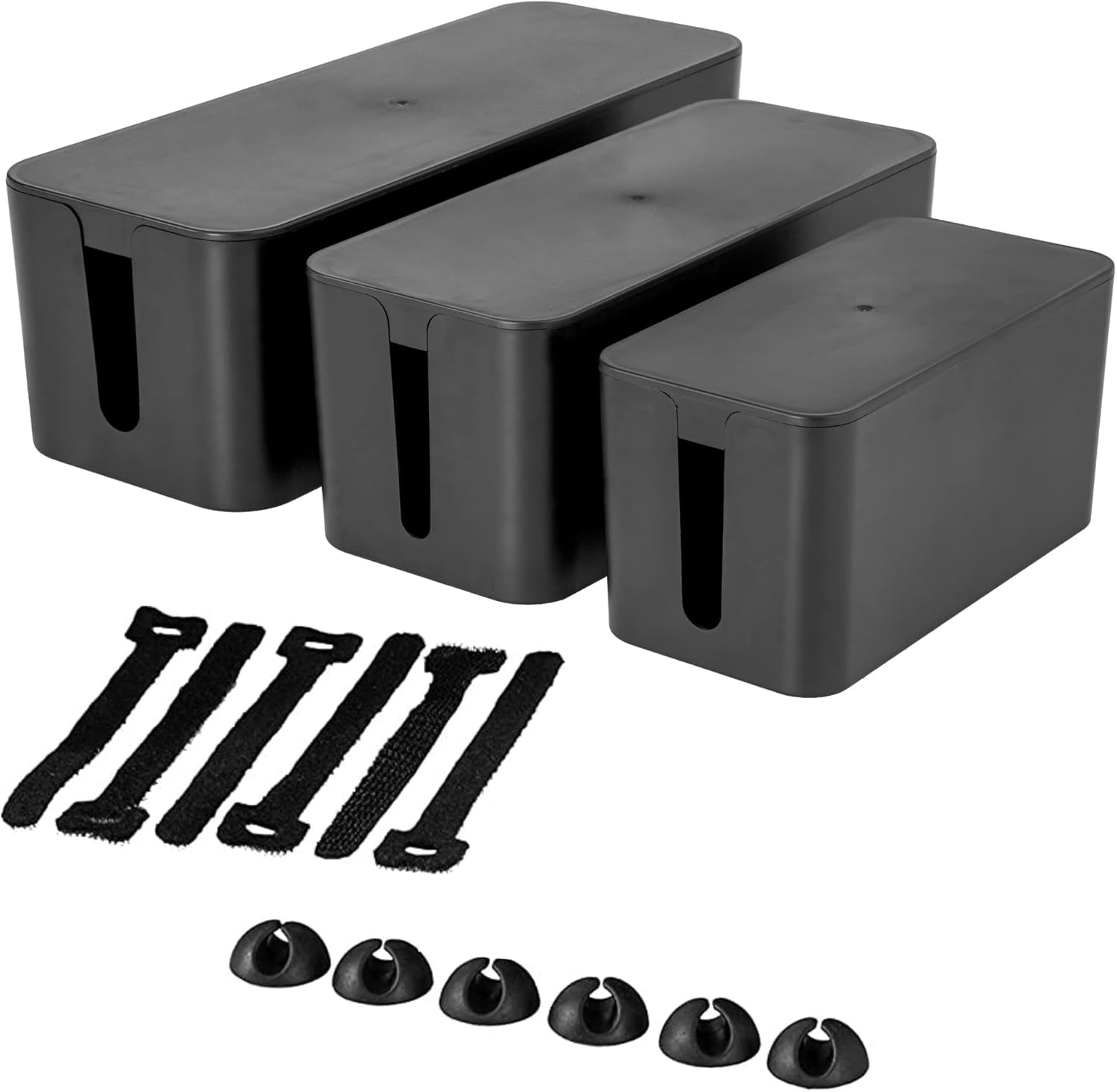 Cable Management Box [Cable Organizer Box Home Tool, Power Strip Cover, Baby Proof & Pets Electric Concealer] Wire Cord Cable Box Outlet Surge Protector - Lounge, Desk, TV & Computer (3 Boxes, Black)