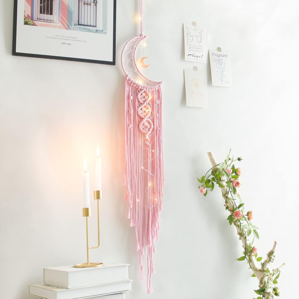 Pink Moon Dream Catcher with Light, Room and Boho Decor, Wall Decor, Gifts for Girl, Women, Bedroom Decor, Pink Décor and Gift, Birthday, Teen Girl Gifts