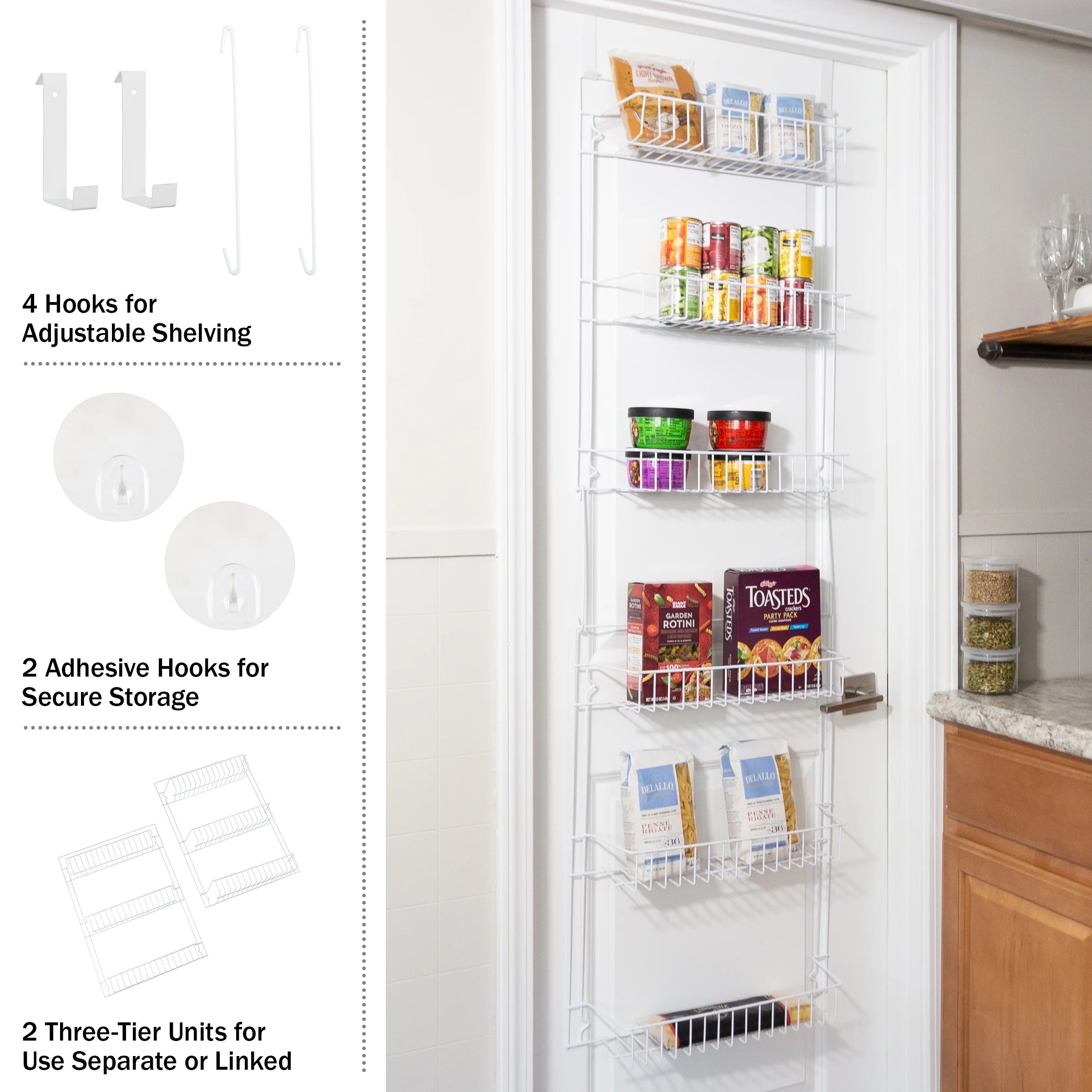 6-Tier Adjustable over the Door Pantry Organizer - Powder-Coated Steel Hanging Pantry Shelves and Rack for Kitchen Organization (White)