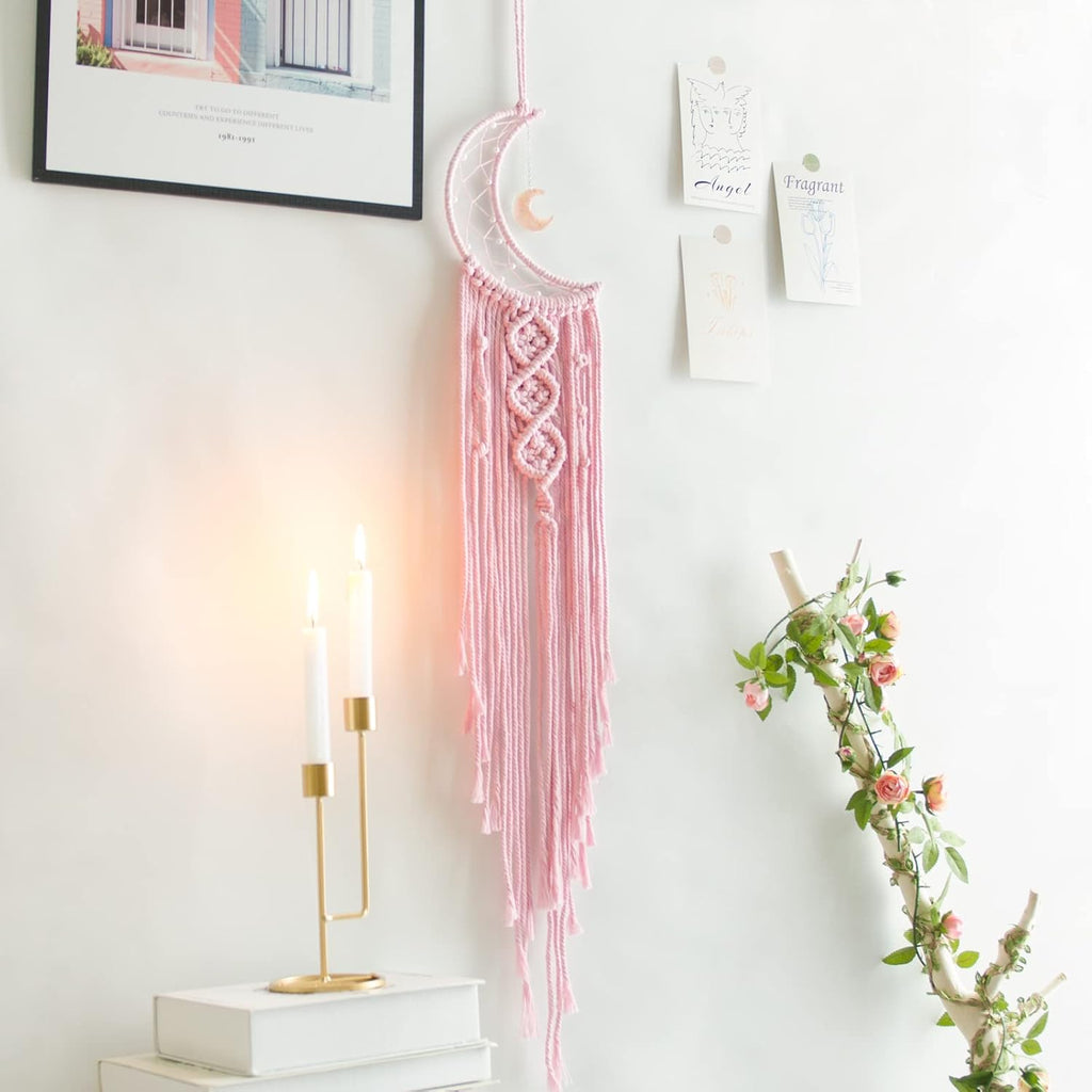Pink Moon Dream Catcher with Light, Room and Boho Decor, Wall Decor, Gifts for Girl, Women, Bedroom Decor, Pink Décor and Gift, Birthday, Teen Girl Gifts