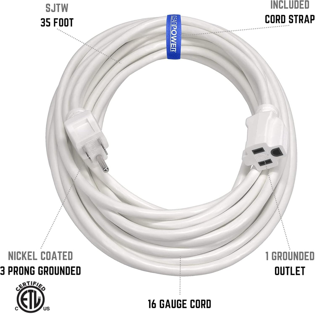 35 Ft Indoor/Outdoor Extension Cord 16/3 SJTW, White, Water & Weather Resistant, Flame Retardant, 3 Prong Grounded Plug, CP10207