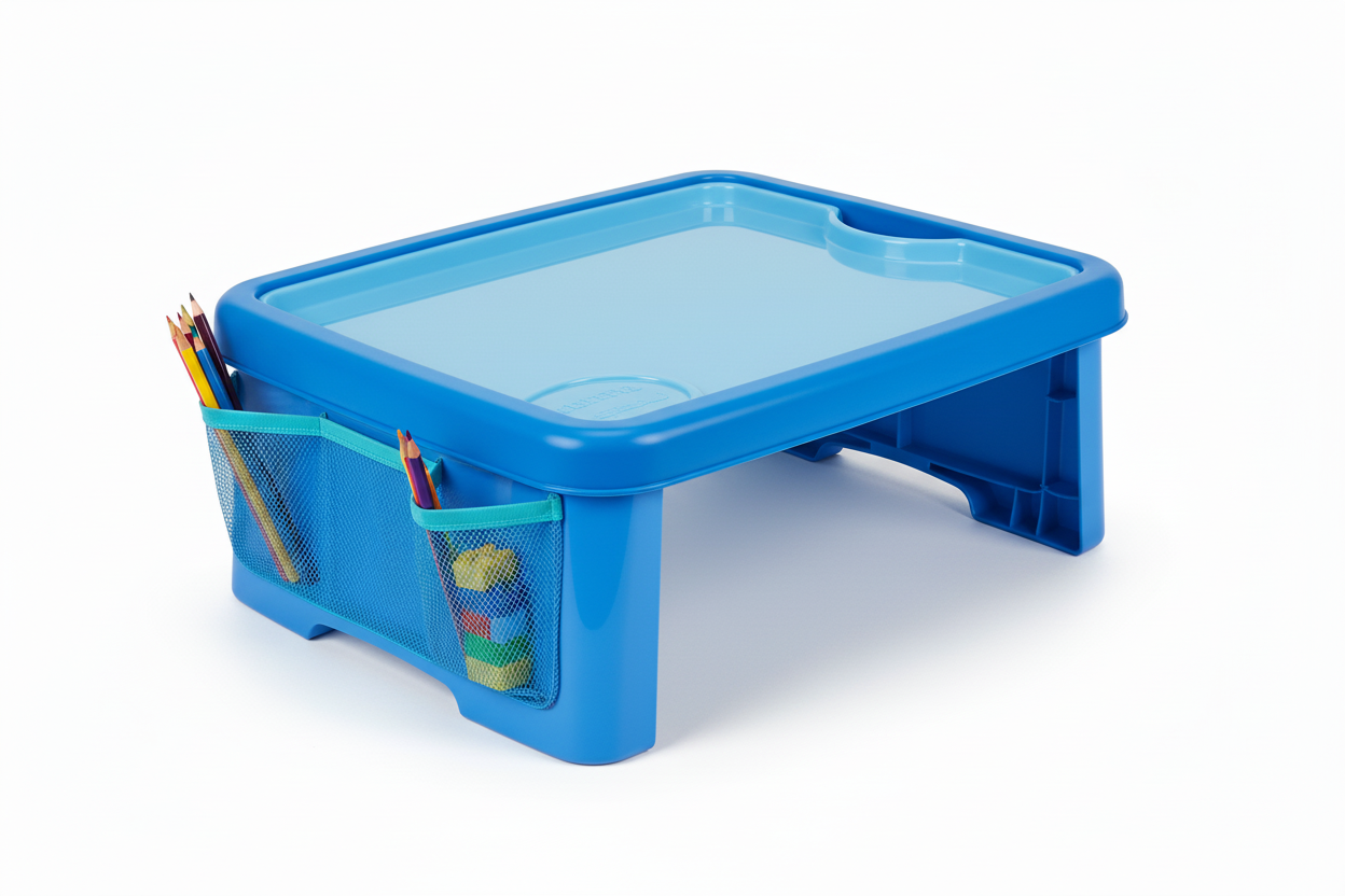 Blue kids lap desk activity tray with side pockets