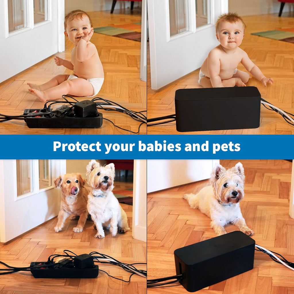 Cable Management Box [Cable Organizer Box Home Tool, Power Strip Cover, Baby Proof & Pets Electric Concealer] Wire Cord Cable Box Outlet Surge Protector - Lounge, Desk, TV & Computer (3 Boxes, Black)