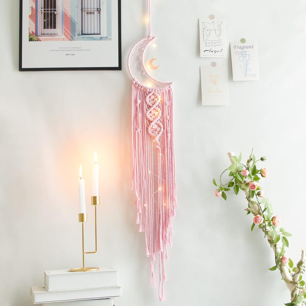 Pink Moon Dream Catcher with Light, Room and Boho Decor, Wall Decor, Gifts for Girl, Women, Bedroom Decor, Pink Décor and Gift, Birthday, Teen Girl Gifts