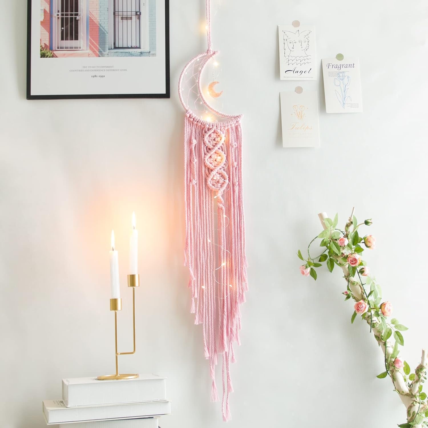 Pink Moon Dream Catcher with Light, Room and Boho Decor, Wall Decor, Gifts for Girl, Women, Bedroom Decor, Pink Décor and Gift, Birthday, Teen Girl Gifts