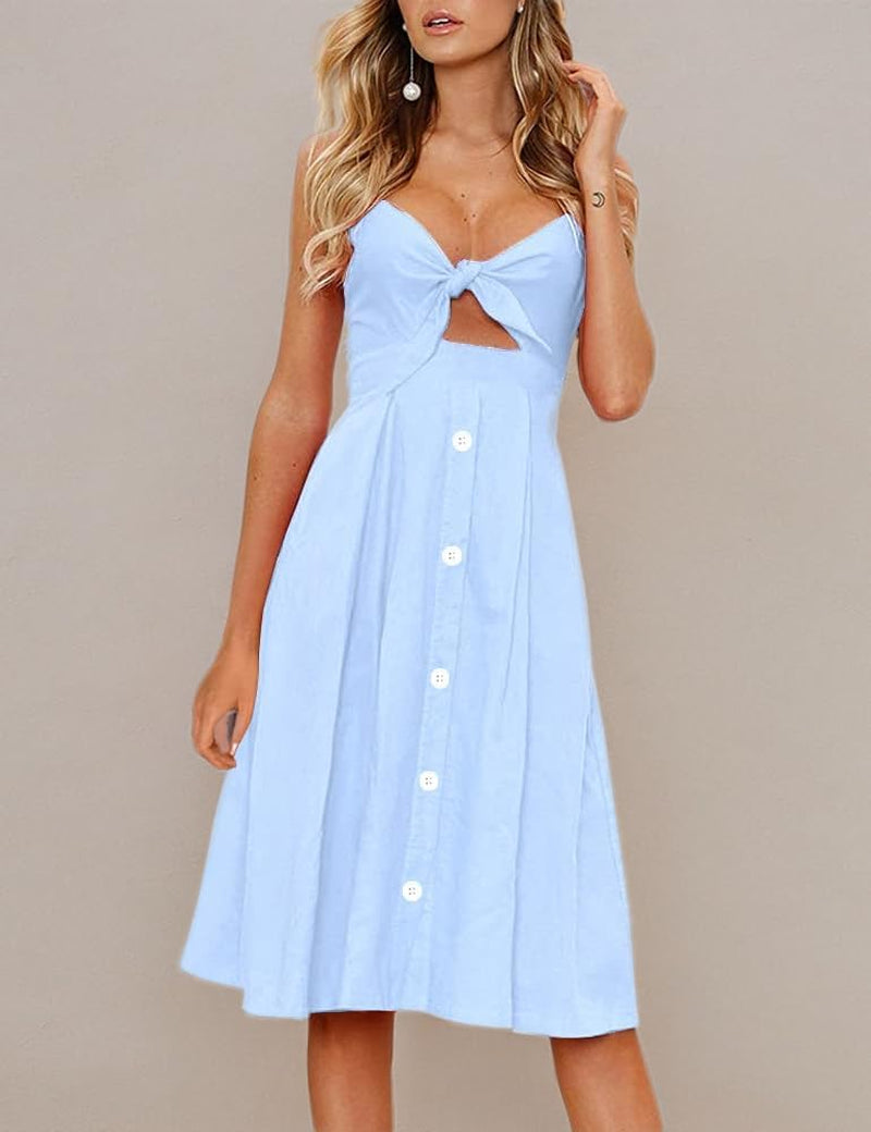 Womens Tie Front Button down A-Line Dresses Summer Spaghetti Strap Midi Dress Floral Prints