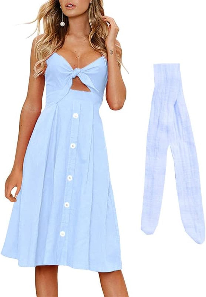 Womens Tie Front Button down A-Line Dresses Summer Spaghetti Strap Midi Dress Floral Prints