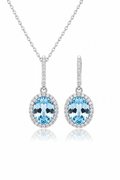 Oval aquamarine necklace and earrings set in 18k white gold plated